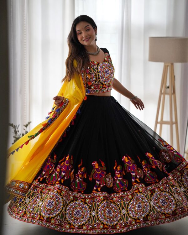 Navratri Special Black Color Faux Georgette Fabric Chain Stitch With Mirror Work Lehenga