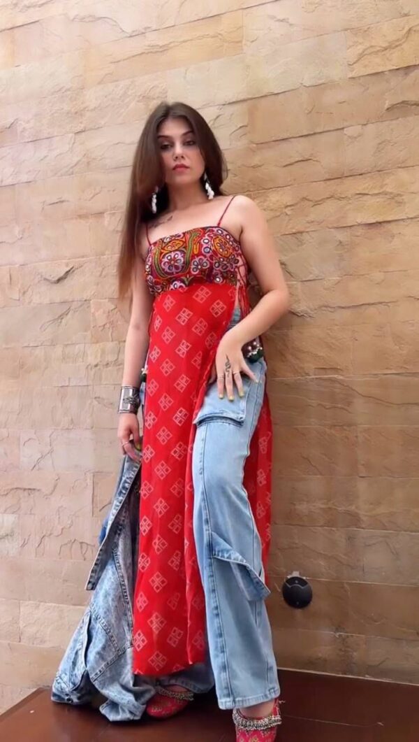 Navratri Special Red Color Faux Georgette Fabric Chain Work With Real Mirror Work Top Suit
