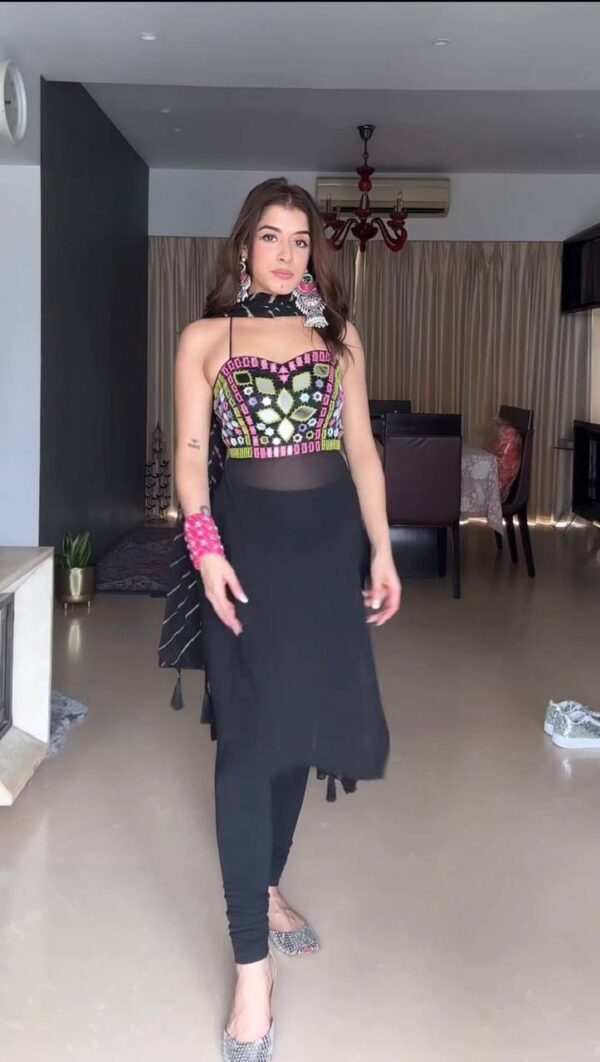 Navratri Special Sukhmani Gambhir Black Color Faux Georgette Fabric Mirror Work Suit
