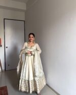 Off White Color Chinon Fabric Thread With Sequence Work Suit