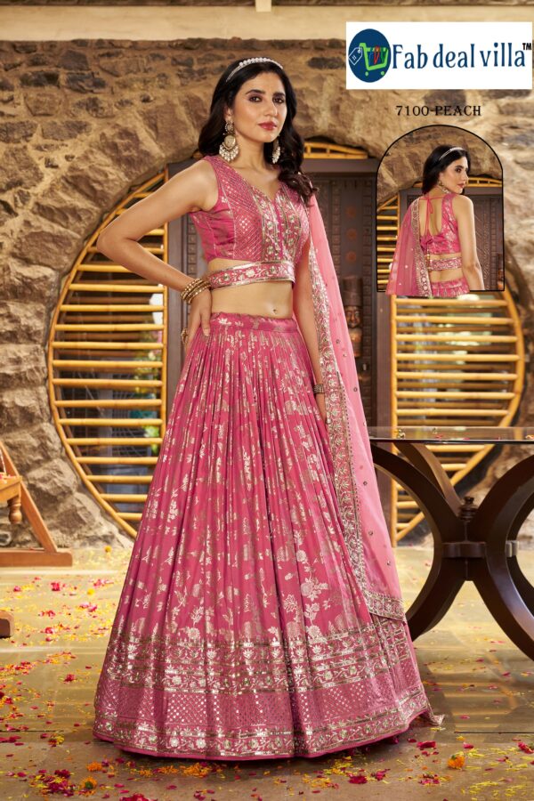 Peach Color Dola Silk Jacquard Fabric Sequence And Jari Embroidery Work Lehenga