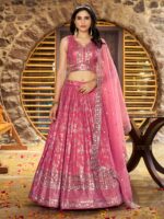 Peach Color Dola Silk Jacquard Fabric Sequence And Jari Embroidery Work Lehenga