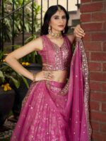 Pink Color Dola Silk Jacquard Fabric Sequence And Jari Embroidery Work Lehenga