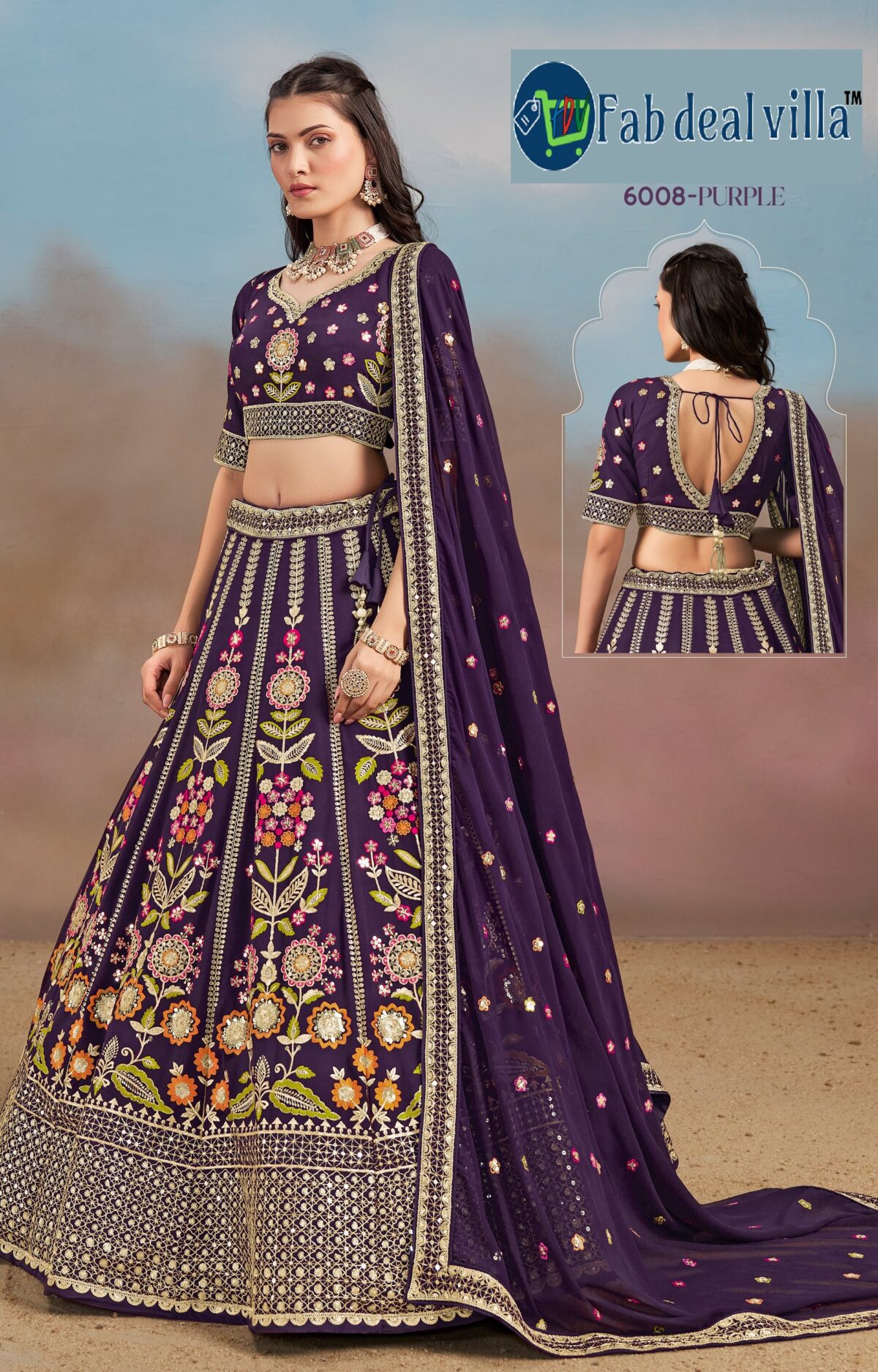 Purple Color Georgette Fabric Embroidery Sequence Work Lehenga