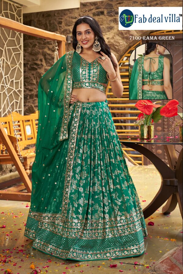 Rama Green Color Dola Silk Jacquard Fabric Sequence And Jari Embroidery Work Lehenga