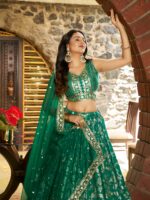 Rama Green Color Dola Silk Jacquard Fabric Sequence And Jari Embroidery Work Lehenga