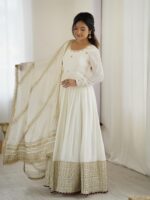 White Color Chinon Silk Fabric Thread With Sequence Work Gown
