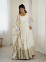 White Color Chinon Silk Fabric Thread With Sequence Work Gown