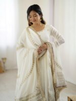 White Color Chinon Silk Fabric Thread With Sequence Work Gown