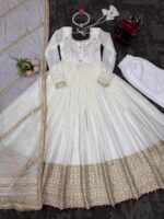 White Color Chinon Silk Fabric Thread With Sequence Work Gown