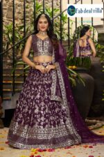 Wine Color Dola Silk Jacquard Fabric Sequence And Jari Embroidery Work Lehenga