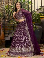 Wine Color Dola Silk Jacquard Fabric Sequence And Jari Embroidery Work Lehenga