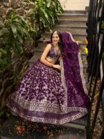 Wine Color Dola Silk Jacquard Fabric Sequence And Jari Embroidery Work Lehenga