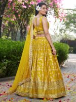 Yellow Color Dola Silk Jacquard Fabric Sequence And Jari Embroidery Work Lehenga