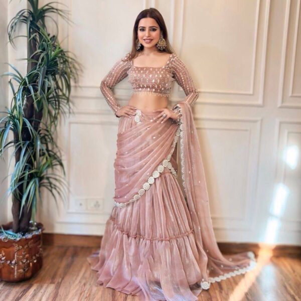 Baby Pink Color Twill Organza Fabric Ready To Wear Ruffle Style Lehenga Saree