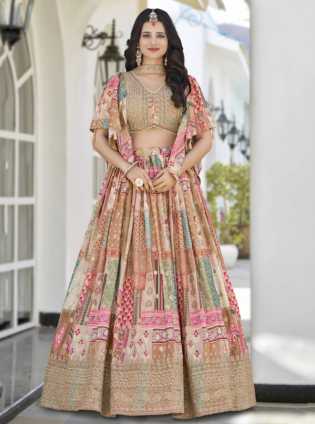 Beige Color Chinon Silk Fabric Digital Print Embroidery Work Lehenga