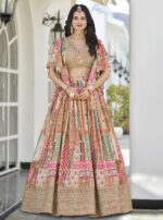 Beige Color Chinon Silk Fabric Digital Print Embroidery Work Lehenga