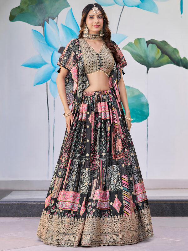Black Color Chinon Silk Fabric Digital Print Embroidery Work Lehenga
