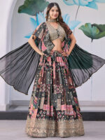 Black Color Chinon Silk Fabric Digital Print Embroidery Work Lehenga