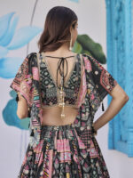 Black Color Chinon Silk Fabric Digital Print Embroidery Work Lehenga