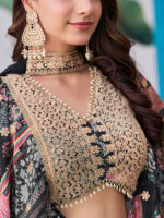 Black Color Chinon Silk Fabric Digital Print Embroidery Work Lehenga