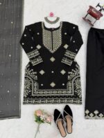Black Color Roman Silk Fabric Thread With Sequence Work Sharara Set