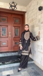 Black Color Roman Silk Fabric Thread With Sequence Work Sharara Set