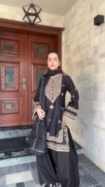 Black Color Roman Silk Fabric Thread With Sequence Work Sharara Set