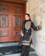 Black Color Roman Silk Fabric Thread With Sequence Work Sharara Set