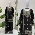 Black Color Roman Silk Fabric Thread With Sequence Work Sharara Set