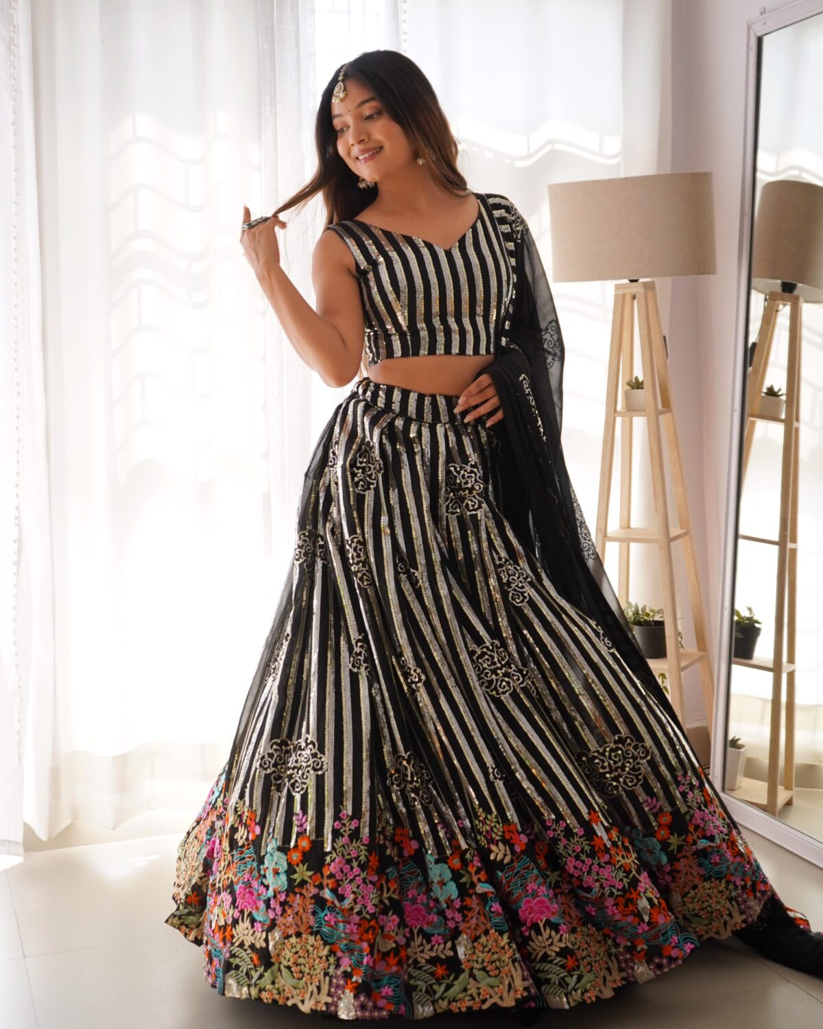 Black Faux Georgette Lehenga Elegant Sequence Design