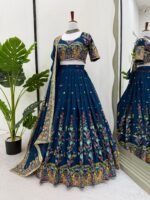 Blue Color Faux Georgette Fabric Thread With Sequence Work Lehenga