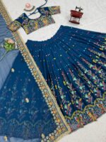 Blue Color Faux Georgette Fabric Thread With Sequence Work Lehenga