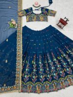 Blue Color Faux Georgette Fabric Thread With Sequence Work Lehenga