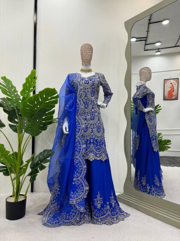 Blue Elegant Chinon Silk Palazzo Set with Organza Dupatta