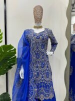 Blue Elegant Chinon Silk Palazzo Set with Organza Dupatta