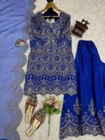 Blue Elegant Chinon Silk Palazzo Set with Organza Dupatta