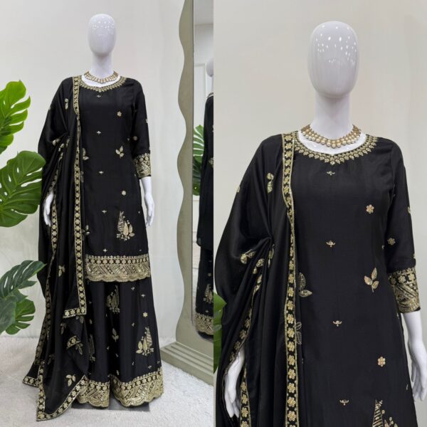 Black Color Chinon Silk Fabric Palazzo Suit