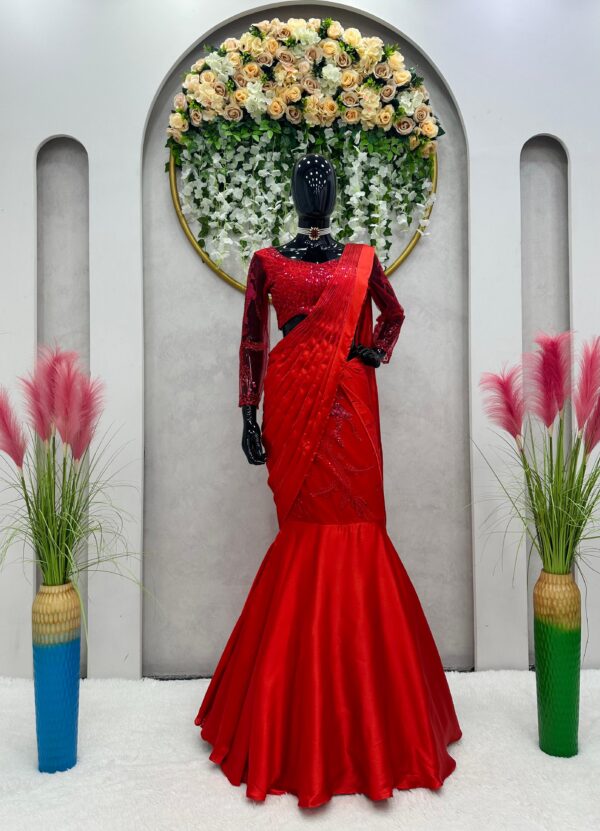 Red Color Satin Silk Fabric Ready To Wear Lehenga Saree