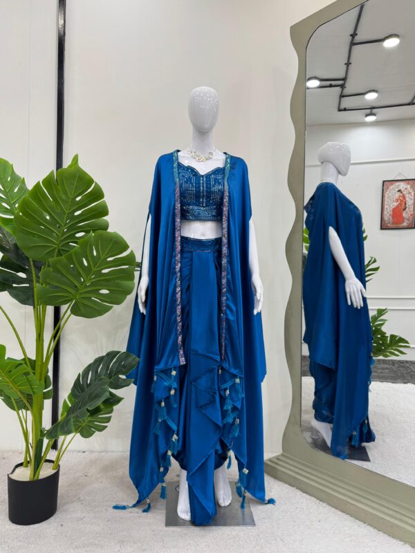 Deep Ocean Blue Color Satin Silk Ready To Wear Dhoti Style Lehenga