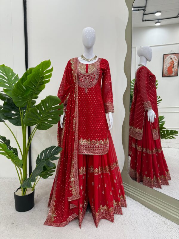 Red Color Faux Georgette Sharara Set with Dupatta