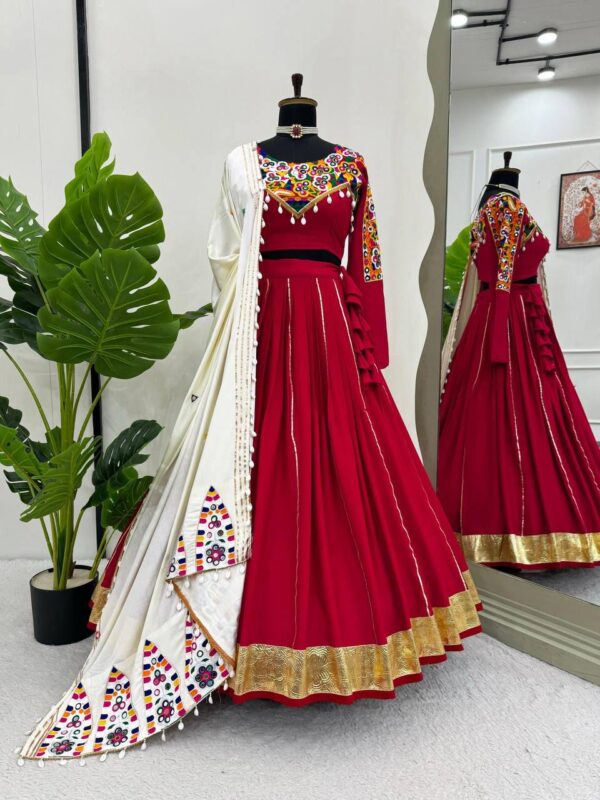 Navratri Special Red Color Rayon Silk Fabric Lehenga