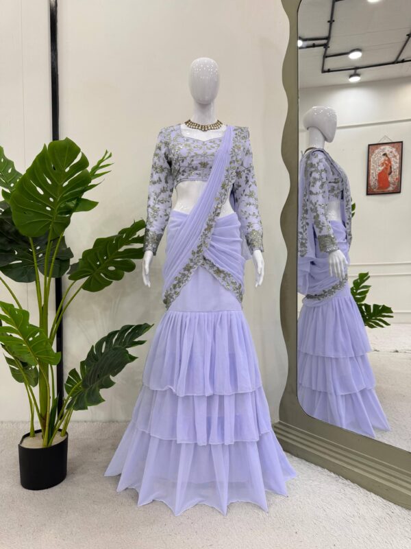 Light Sky Blue Color Faux Georgette Fabric Ready To Wear Lehenga Saree