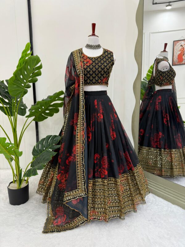 Red Flower Design Black Color Tabby Organza Fabric Digital Print Work Lehenga