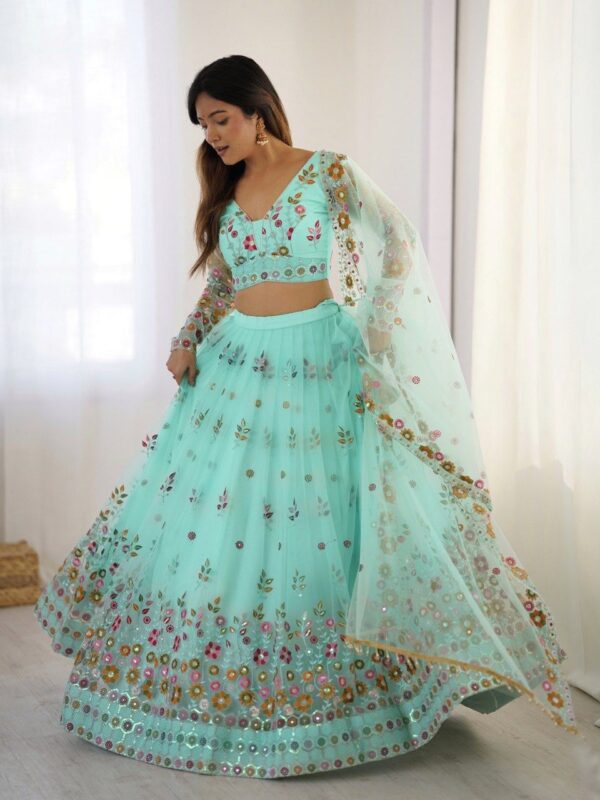 Turquoise Blue Color Soft Net Fabric Lehenga