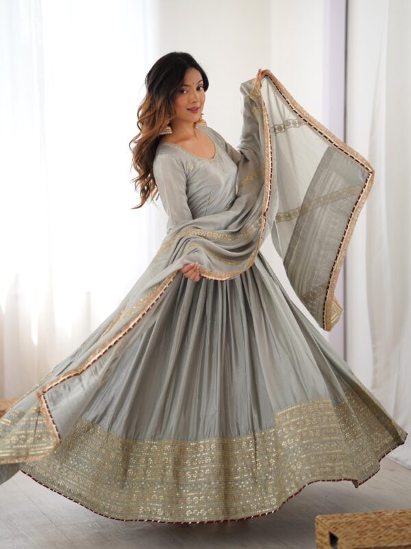 Grey Color Chinon Silk Fabric Gown