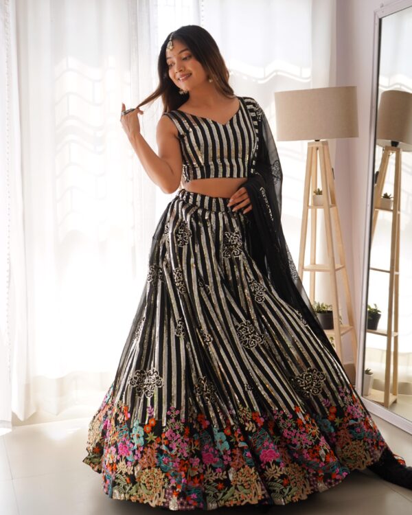 Black Color Faux Georgette Fabric Sequence Work Lehenga