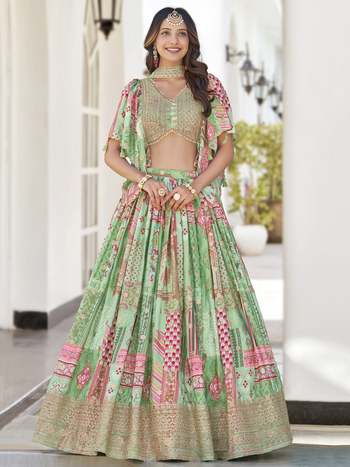 Green Color Chinon Silk Fabric Digital Print Embroidery Work Lehenga