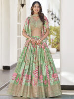 Green Color Chinon Silk Fabric Digital Print Embroidery Work Lehenga