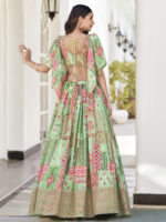 Green Color Chinon Silk Fabric Digital Print Embroidery Work Lehenga